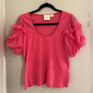 Anthropologie Maeve Ruffle Sleeve Blouse Top Ribbed Mesh Embroidered L